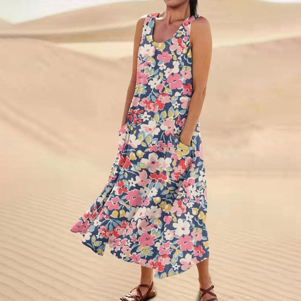 Женское повседневное удобное хлопковое карманное платье без рукавов с цветочным принтом