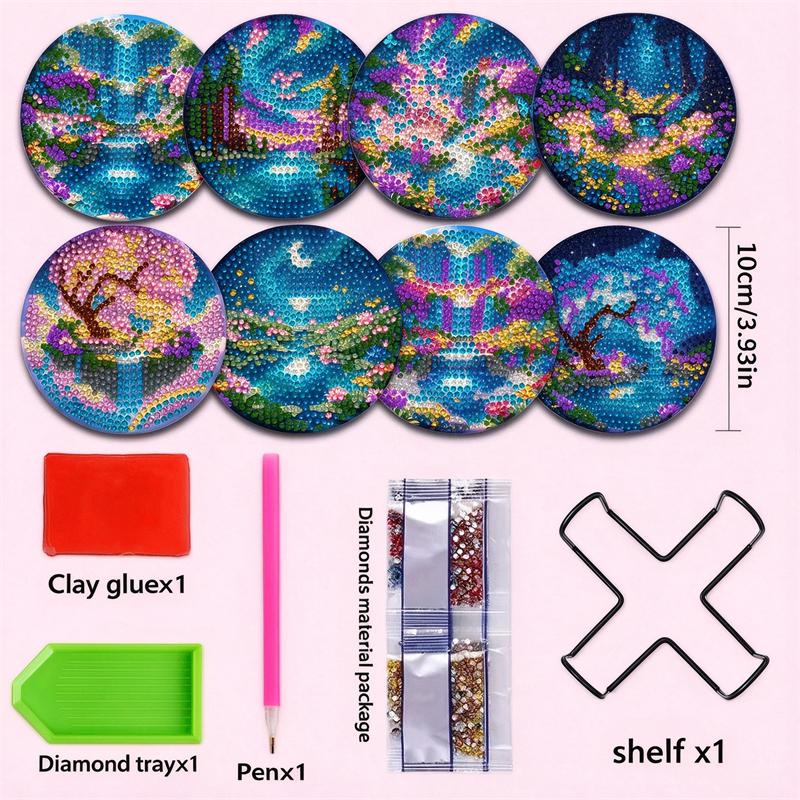 8 Piece Set of Diamond Painted Scenery with Holder DIY Diamond Craft Kit Creative Art Supplies Perfect Gifts for Beginners and Crafters
