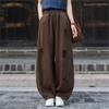 Johnature Women Vintage Bloomers Pants Elastic Waist Autumn Trousers Solid Color Loose Hole Long Pants
