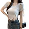 Irregular Square Collar Short Sleeve T-shirt Slim Fit Slimming Sweet and Spicy Style Drawstring Short Top Summer