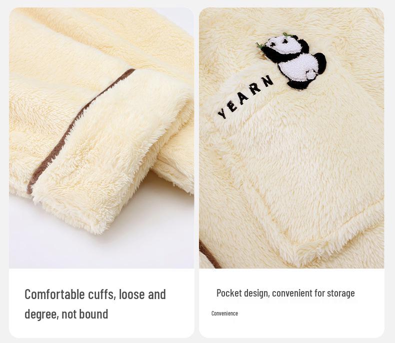 Women's Winter Flannel Pajama Set: Long Sleeve Cardigan & Warm Coral Fleece with Cartoon Panda Design