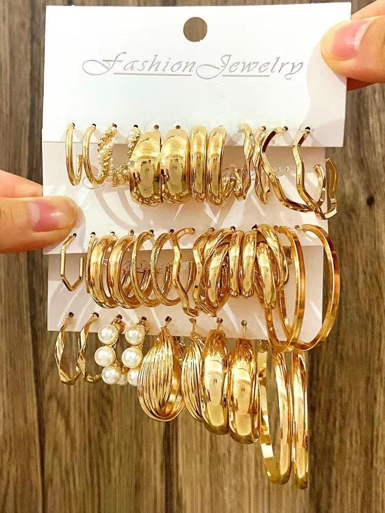 2026 Взрывные Серьги Серьги Геометрические Квадратные Серьги Ретро Жемчуг Набор Открыток Сплав Серьги Комбинация Серег