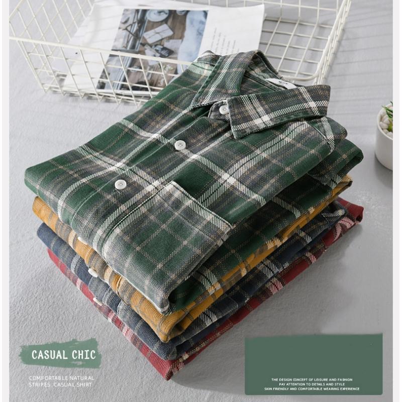 Рубашка в клетку с длинным рукавом в японском стиле для мужчин, весна-осень, повседневная мужская рубашка с карманом и отложным воротником, 100% хлопок, на пуговицах