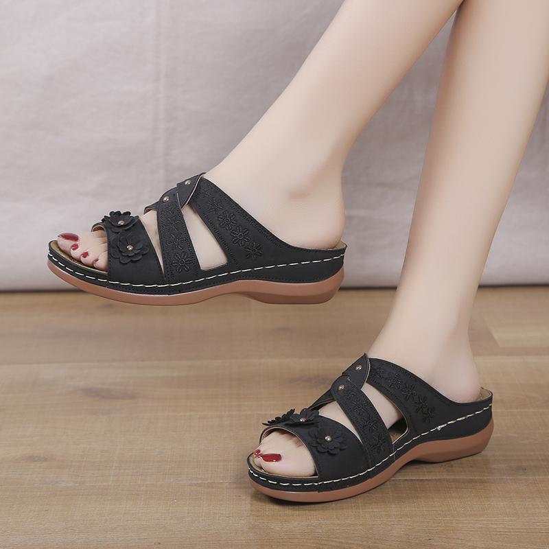 Модные летние женские босоножки на танкетке 2024 года, ортопедические босоножки с открытым носком, винтажные нескользящие кожаные повседневные женские туфли на платформе в стиле ретро