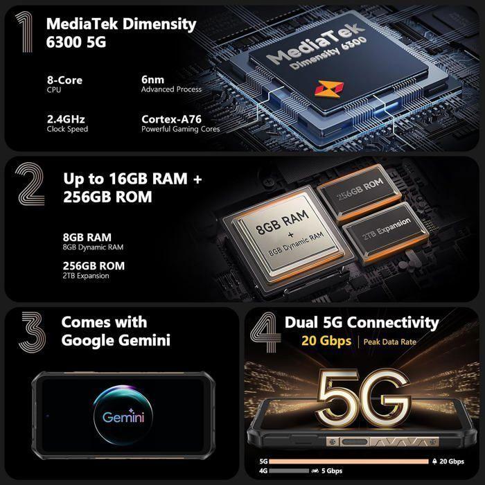 Прочный смартфон 5G Ulefone Armor X16 Pro 16 ГБ + 256 ГБ 6,56" Неубиваемый смартфон 10360 мАч 64 МП Ночное видение Dural SIM/NFC Черный