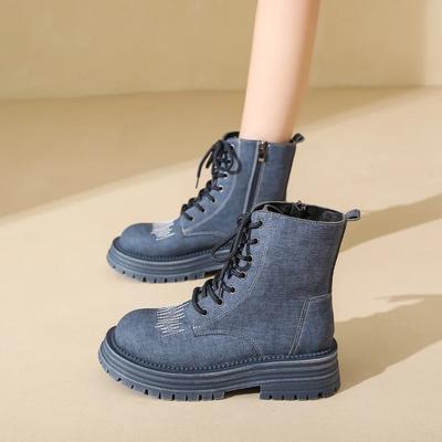 Мода 2024 года, новые модные женские ботинки из денима с круглым носком, удобные, однотонные, повседневные, на низком каблуке, темпераментные женские ботинки с боковой молнией