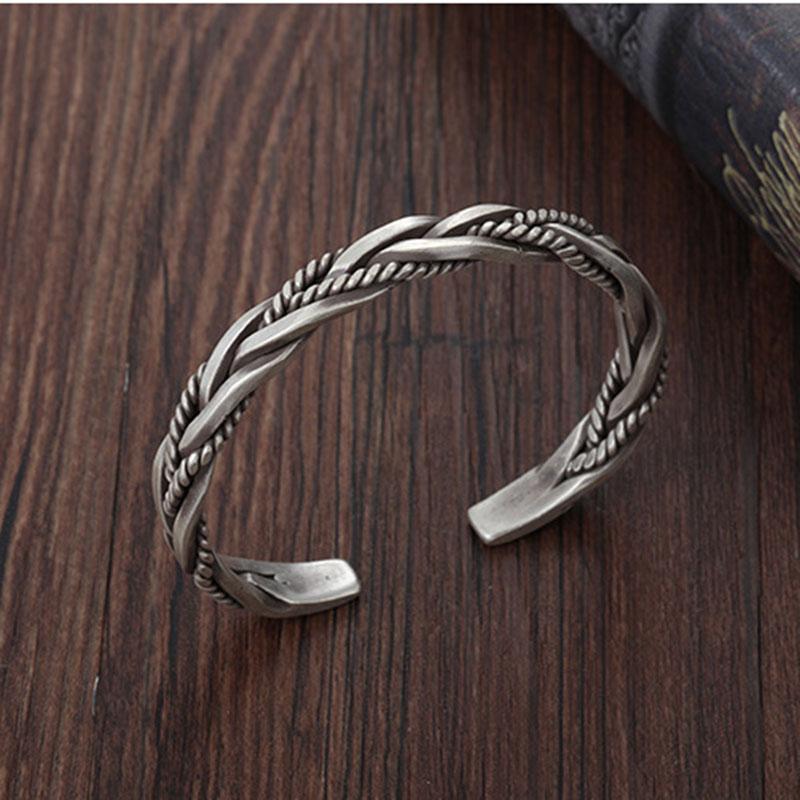 XIYANIKE Men Thai Silver Twisted Woven Opening Bracelets Bangle Neutral Retro Original Handmade Exquisite Jewelry Unique Gift