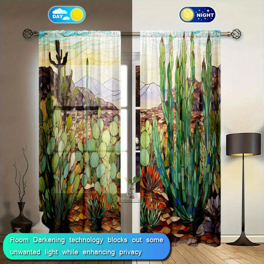 2 шт. занавески с принтом пустынного кактуса для домашнего декора - оконные карманы с карнизом для спальни, офиса, кухни и гостиной