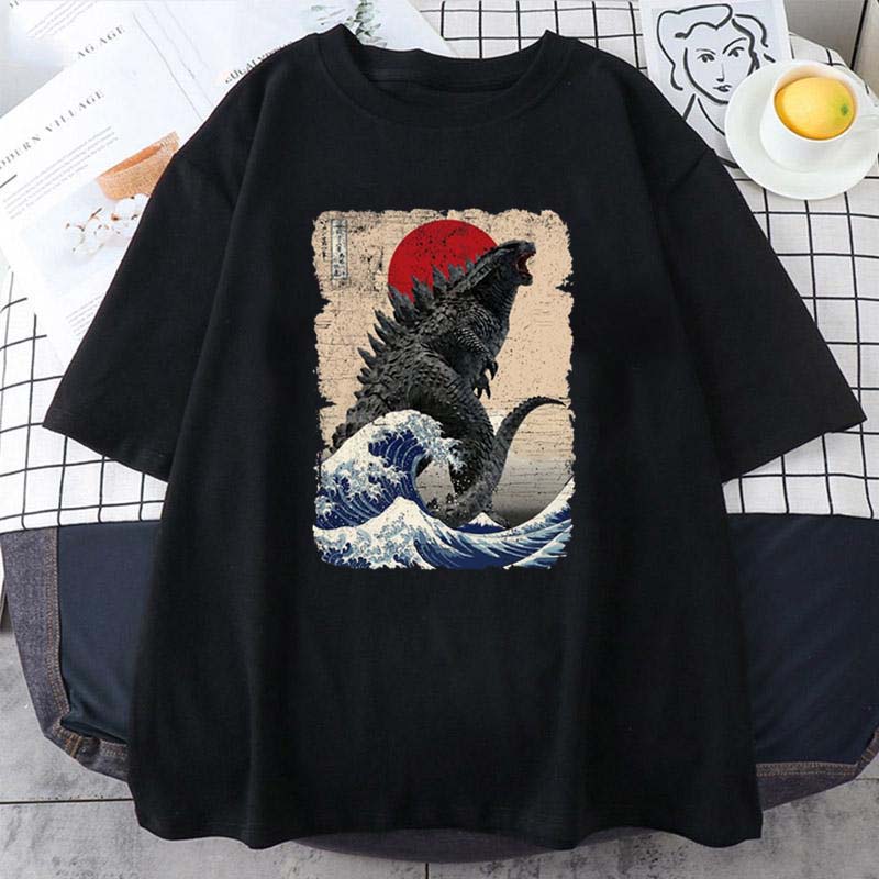 Футболки с коротким рукавом Уникальная японская футболка Godzillaed Great Wave Летняя женская мужская футболка с круглым вырезом из чистого хлопка унисекс