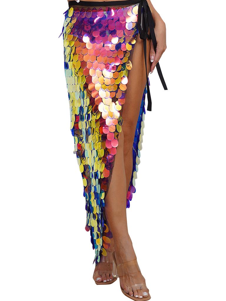 Женская длинная юбка на бедрах для танца живота на Хэллоуин с блестящими пайетками на шнуровке Русалка набедренный шарф с запахом праздничные танцевальные костюмы