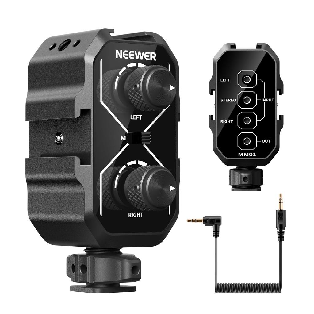 NEEWER MM01 Dual-Channel Microphone Audio Mixer Adapter with Cold Shoe Mount and 3.5mm TRS Cable, StereoMono Switch, for DSLR Cameras and