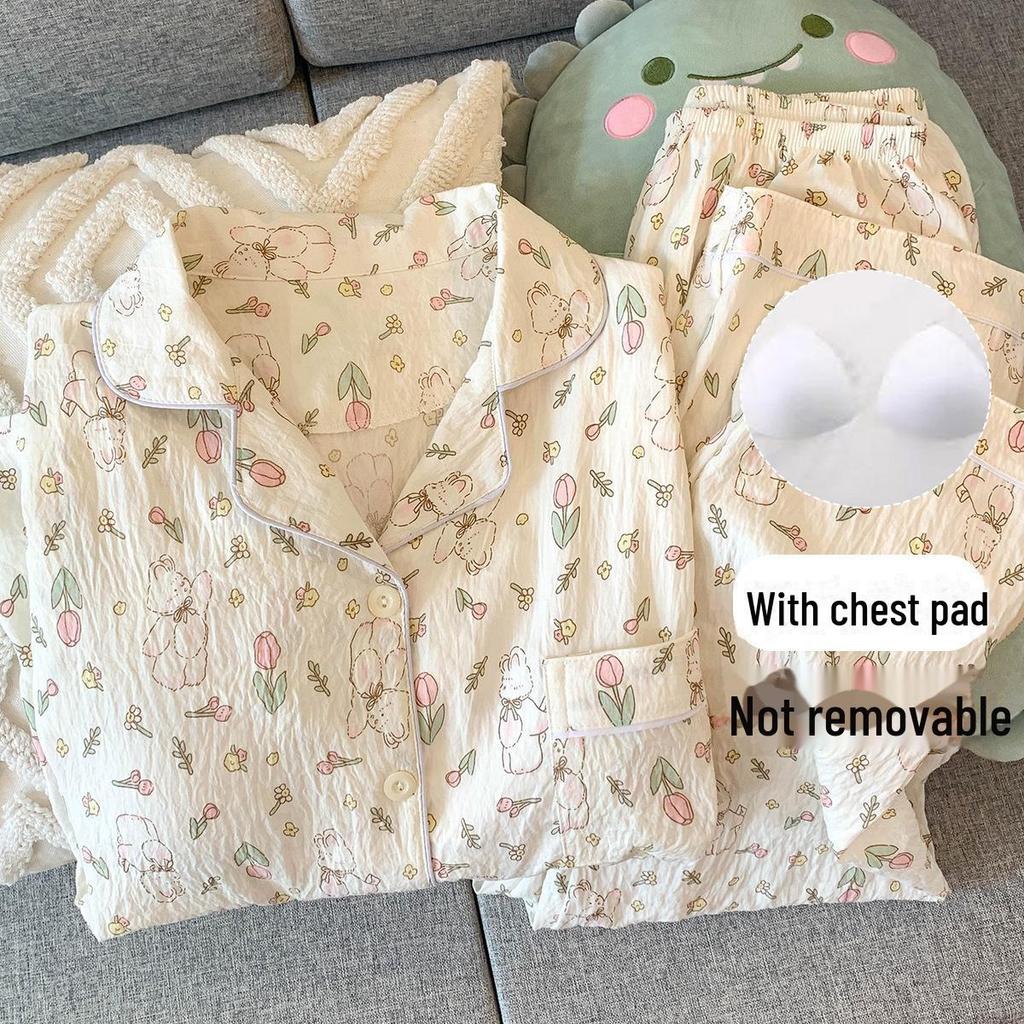 Женский пижамный комплект из хлопка в горошек: Кардиган с длинными рукавами и нагрудными накладками на весну и осень