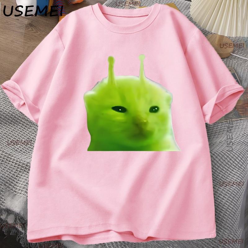 Green Alien Cat T Shirt Women Unisex Cat Meme Tee Glorp Gnarp Cat Brainrot Tshirt Silly Cute TShirt Loose Cotton Short Sleeve