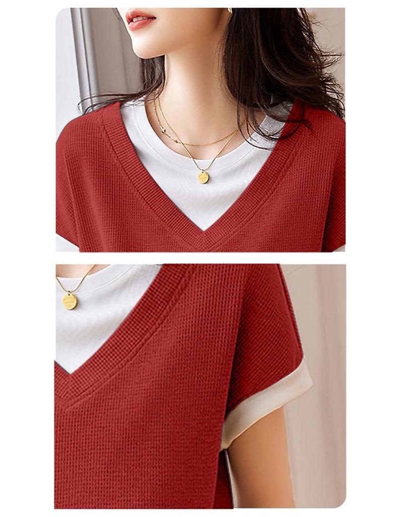 Fashion Casual Shirt Short Sleeve Pants Top and Bottom Set Room Wear Tops Shorts Cute Shorts [SpringSwallow] Women's (Red XL)