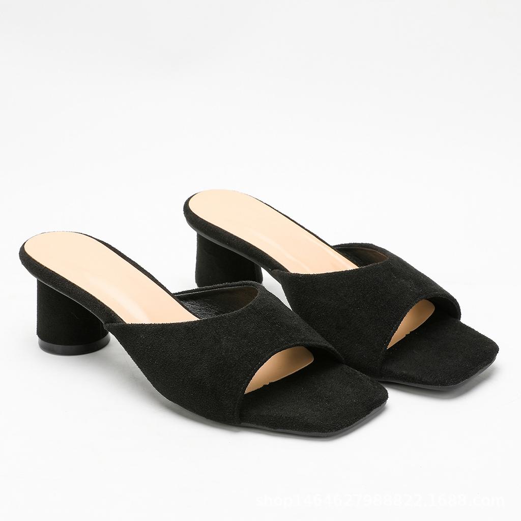 Женские уличные тапочки лето новые замшевые туфли на одной педали простые и удобные толстый каблук универсальные домашние сандалии