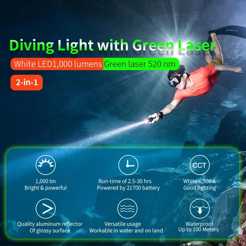 ARCHON J2 Diving LED Flashlight 1000 Lumens Torch Light Underwater 100m by Rechargeable 21700 5100Mah Battery for Self Defense