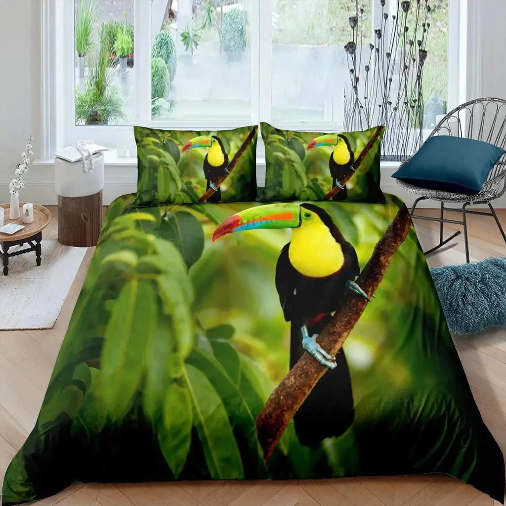 3D Toucan Duvet Cover Set Safari Animals Bedding Sets Tropical Jungle Birds Comforter Cover,Boys Girls Fresh Nature Quilt Cover