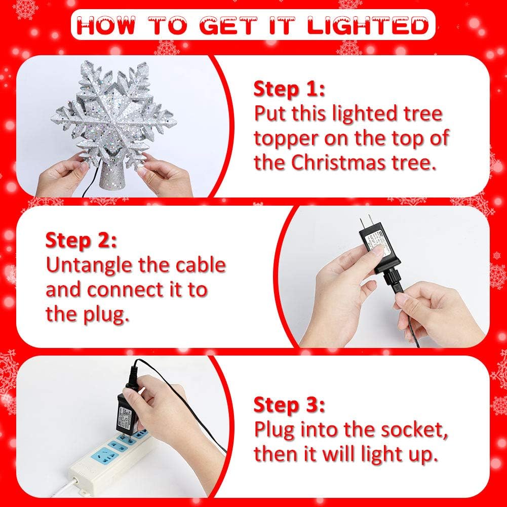 LED Christmas Tree Topper with Rotating Snowflake, Silver Snow Projector Night Light, for Indoor Outdoor Xmas Decor