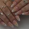 Elegant French Almond Press-On Nails with Gold Edge - Delicate Wearable Nail Art for Women