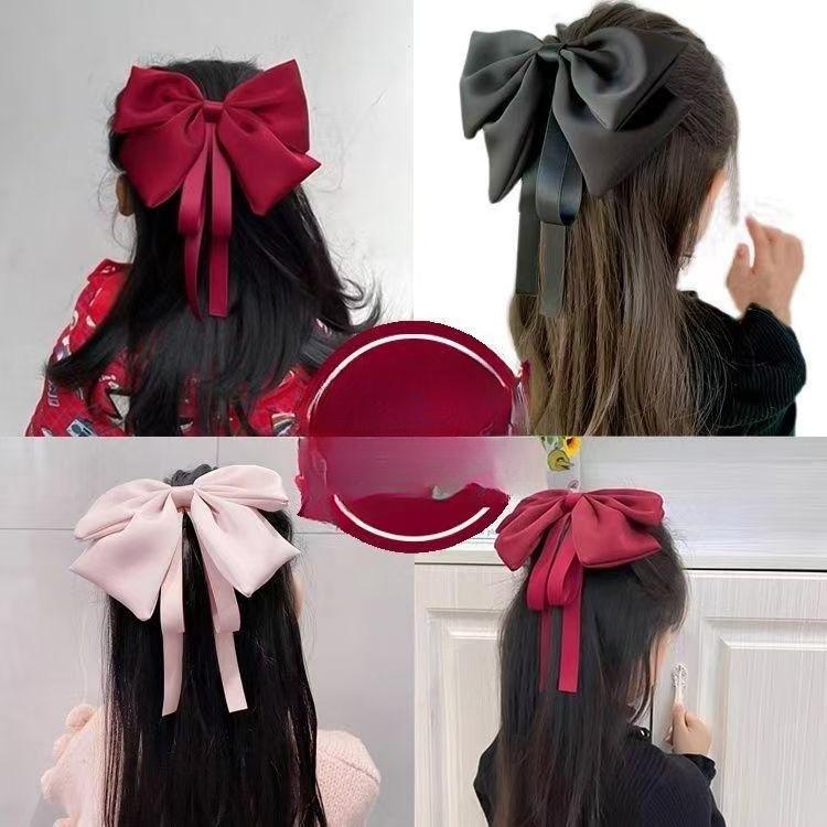 Children's Large Bow Hair Clip  Princess Style Satin Wine Red Ribbon Hair Clip  Back of The Head with A Headband  A Female Hair Accessory
