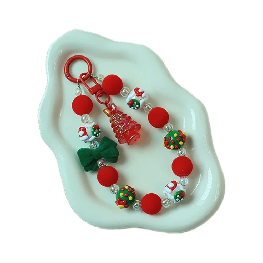 Santa Claus Plush Beads Keychain Flocked Bowknot Beaded Cell Phone Lanyard  Unisex