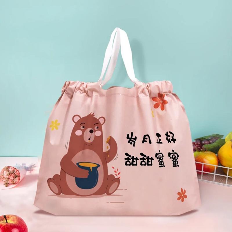 50 шт., толстая пластиковая упаковка с завязками вишни, сумка на вынос с завязками, зеленая, синяя, с ручными ручками, сумки для фруктов, мультяшный медведь, комплект, карман