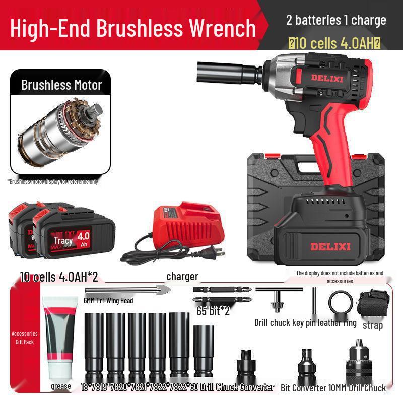 Delixi High Torque Brushless Impact Wrench - Electric Air Wrench with Lithium Battery & Charging Board for Auto Repair.