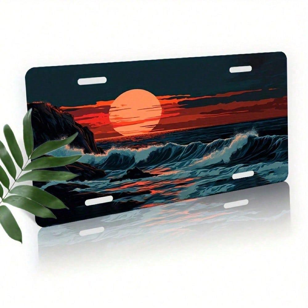Ocean Wave Sunset License Plate Frame Waterproof Aluminum Universal 5.9x11.8in Fade-Resistant Car Exterior Accessory