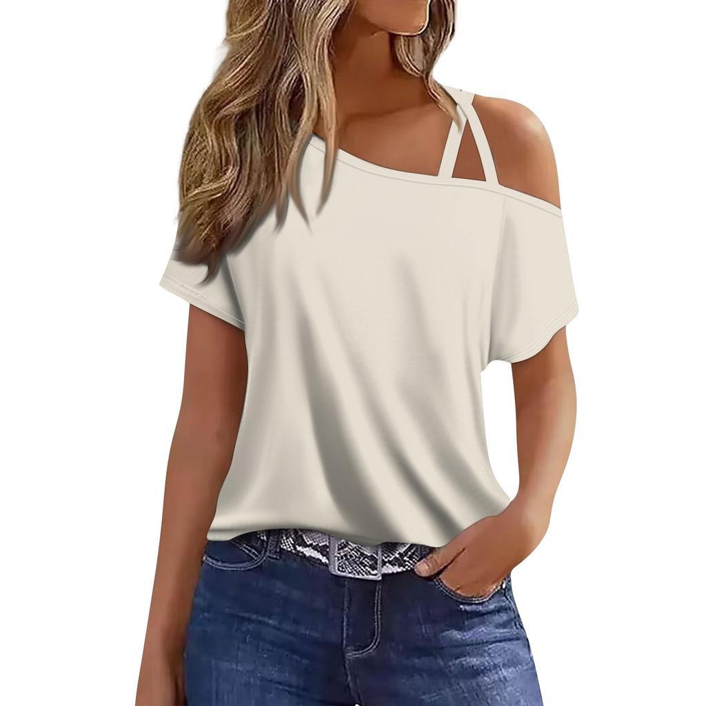 Women's Fashion Casual Print Sexy Cold Shoulder Short Sleeve T-shirt Top