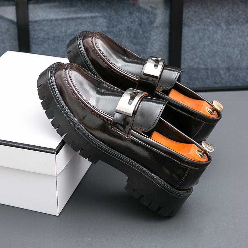 Fashion Brand Men's Business Shoes British Comfortable Casual Flats Thick Sole Leather Loafers Shiny Trendy Male Dress Footwear