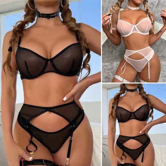 Комплект из 3 предметов: бюстгальтер, стринги, подвязка для чулок, регулируемые бретели, прозрачная сетка, тонкие эластичные трусики с высокой талией, для брачной ночи, медового месяца, Дня святого Валентина