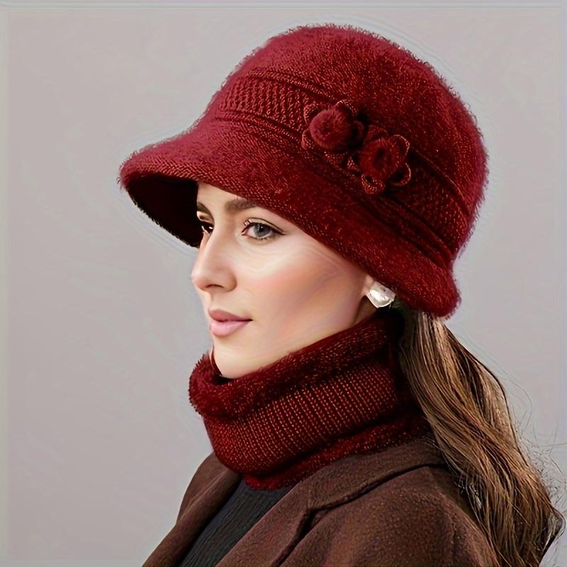 Elegant Winter Beanie For Women - Cozy Knit With Floral Accent, Perfect For Middle-Aged & Elderly, Stretch Fit, Hand Washable