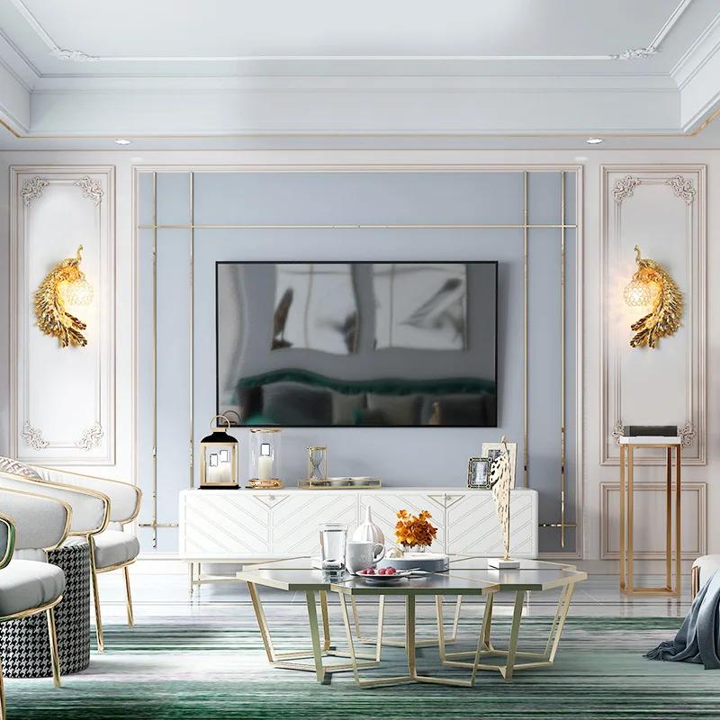 Nordic Retro Двухцветный настенный светильник с павлином Креативные золотые белые лампы LED Crystal Metal Light Украшения для коридора