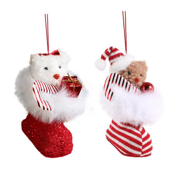 Plush Bear In Boot Christmas Ornaments Mini Stuffed Bear Hanging Ornaments Winter Fuzzy Shoes Christmas Tree Decor