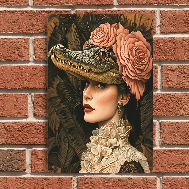 1 piece of vintage elegant crocodile and rose portrait tin painting, European style living room wall decoration plaque, home art