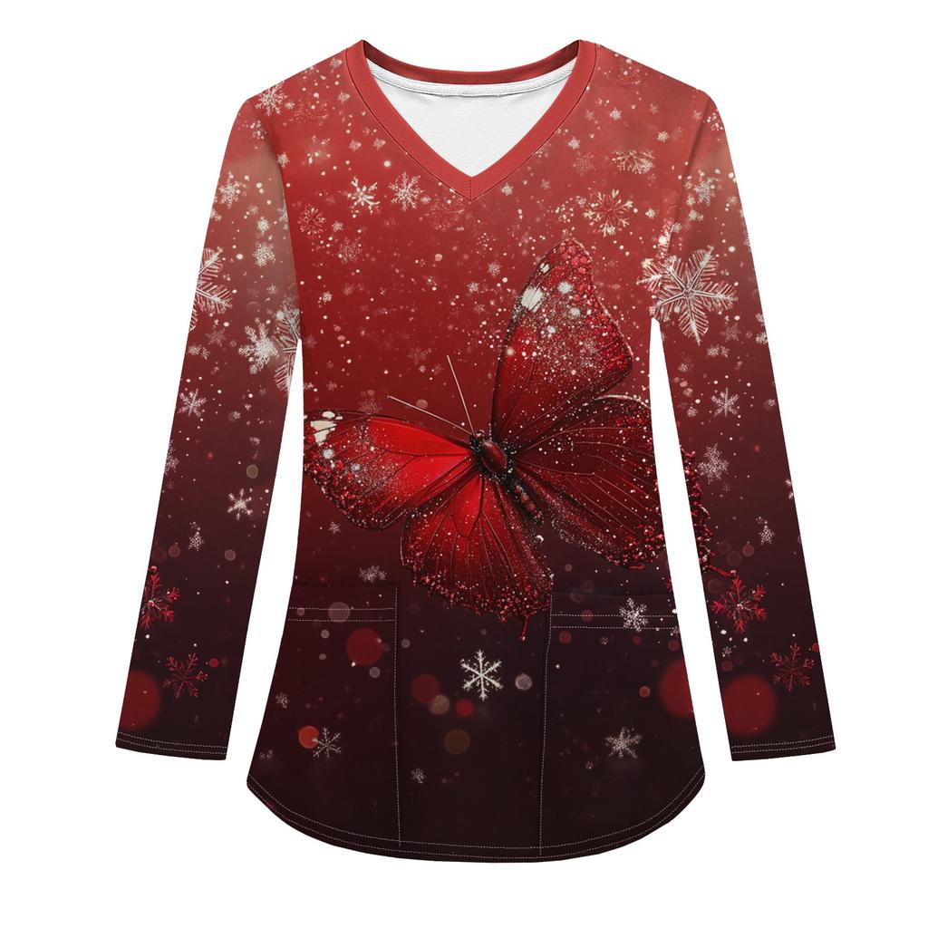 Женская модная рабочая одежда с V-образным вырезом, длинным рукавом и карманом, рождественский принт, футболка, топ