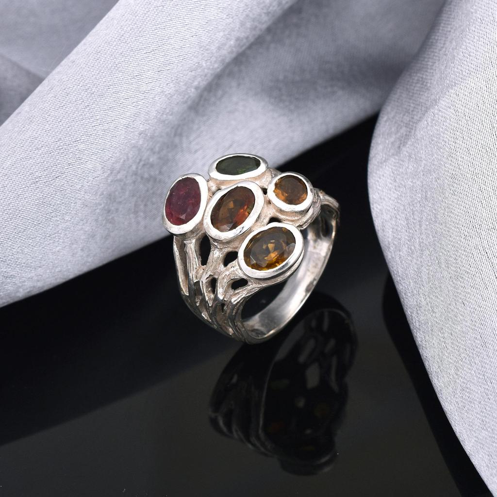 Natural Multi-Tourmaline Faceted 925 Sterling Silver Artician Ring Size 7 US Gift