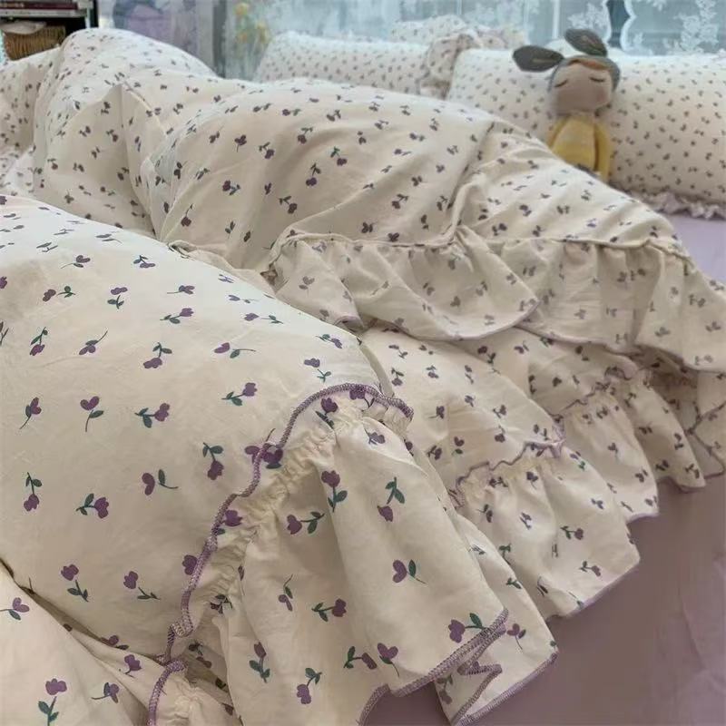 Korean Style Princess Floral Bedding Set Washed Cotton Vintage French Pastoral Flowers Lace Ruffles Duvet Cover Set Pillowcase