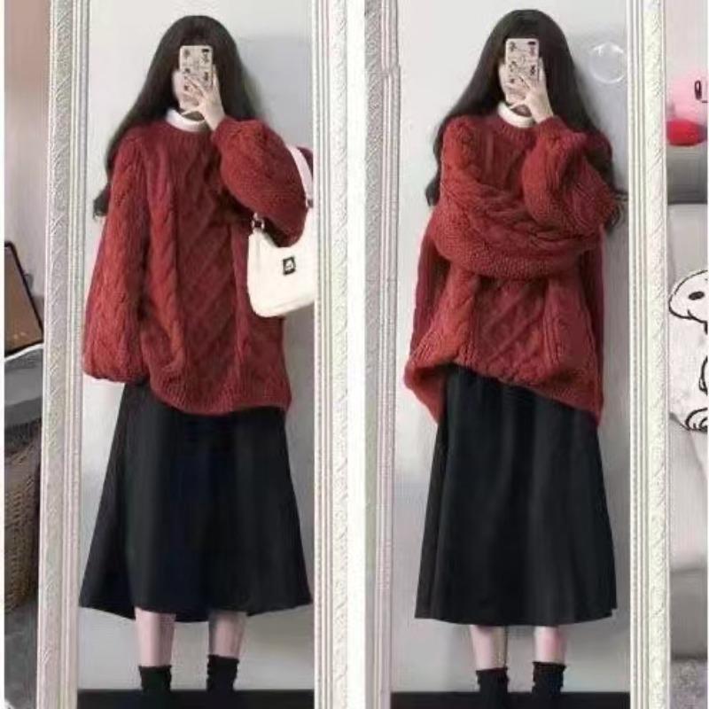 Large Thick Thread Twist Sweater Women's Thickened Medium and Long Autumn and Winter Loose Lazy Wind Knitted Jacket Top