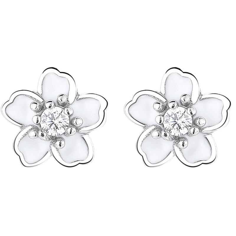 925 Sterling Silver Cherry Blossom Stud Earrings Enamel Flower Jewelry with Crystal for Women Girls Gift