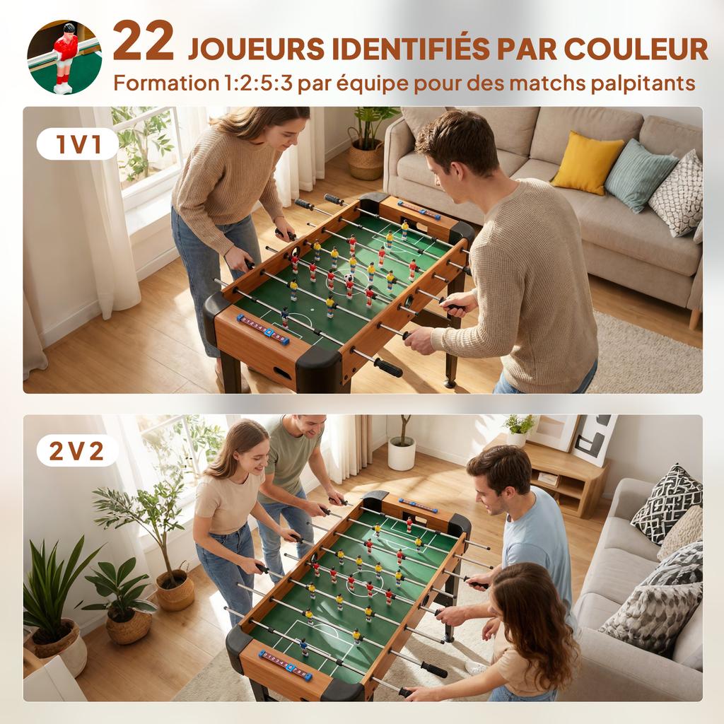 Foosball table 92 cm, 22 players, 2 balls, manual counters, non-slip handles, brown