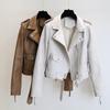 Spring Autumn Women Faux Leather Jacket Slim Streetwear Khaki Leather Coat Biker Moto Jacket with Belt Female Outerwear