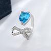 New Ring for Women Fashion Inlaid Blue Zircon Ring Flower Knot Shape Wedding Bridal Ring with Adjustable Opening
