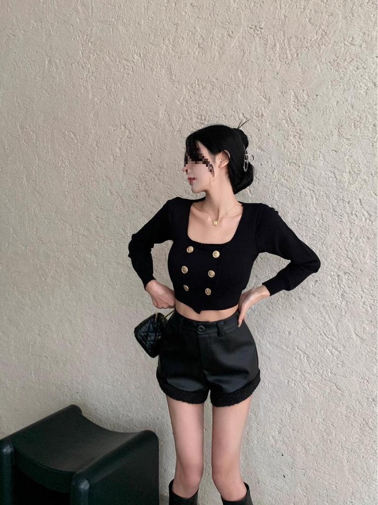 Spicy Girl High Waist Patchwork Slimming PU Leather Shorts - Autumn/Winter Style