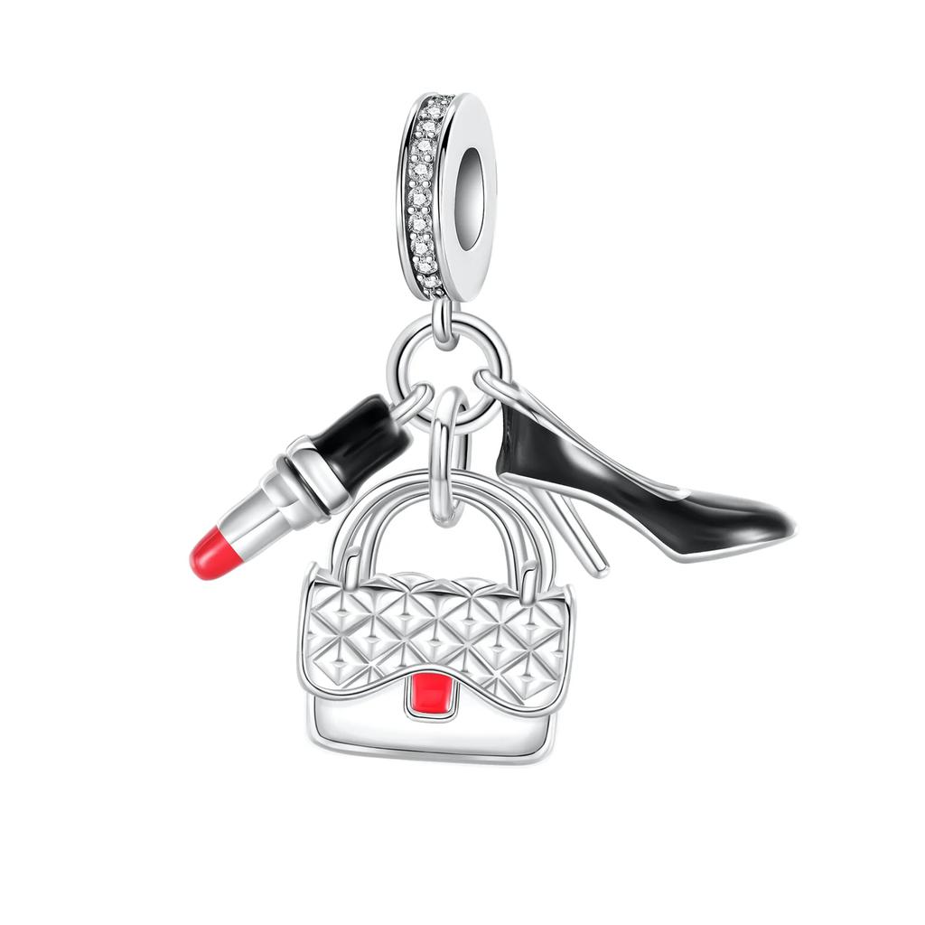 925 Silver Cute Fashion Lipstick High Heels Bag Charms Cartoon Pink Beads Pendant Fit Bracelet Jewelry Gift For Women