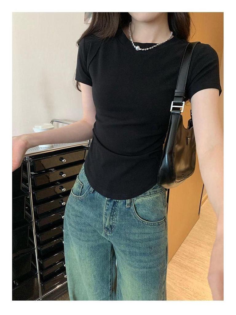 Женская приталенная черная футболка с косточками, с прямыми плечами – 92% хлопок, 8% спандекс, летний топ