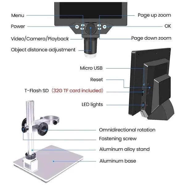 7-дюймовый цифровой USB-микроскоп с ЖК-дисплеем, увеличение 1200X, портативная камера 12MP 1080P, видеорегистратор, вид с ПК