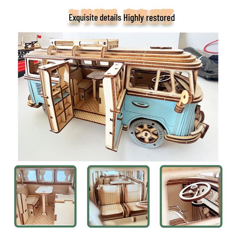 European Wooden Camper Van Jigsaw Puzzle - 3D DIY Assembly Car Model for Children