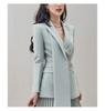 Gray-Blue Double-Breasted Jacket & Irregular Pleated Skirt Set - Autumn Color Block Fashion for Women