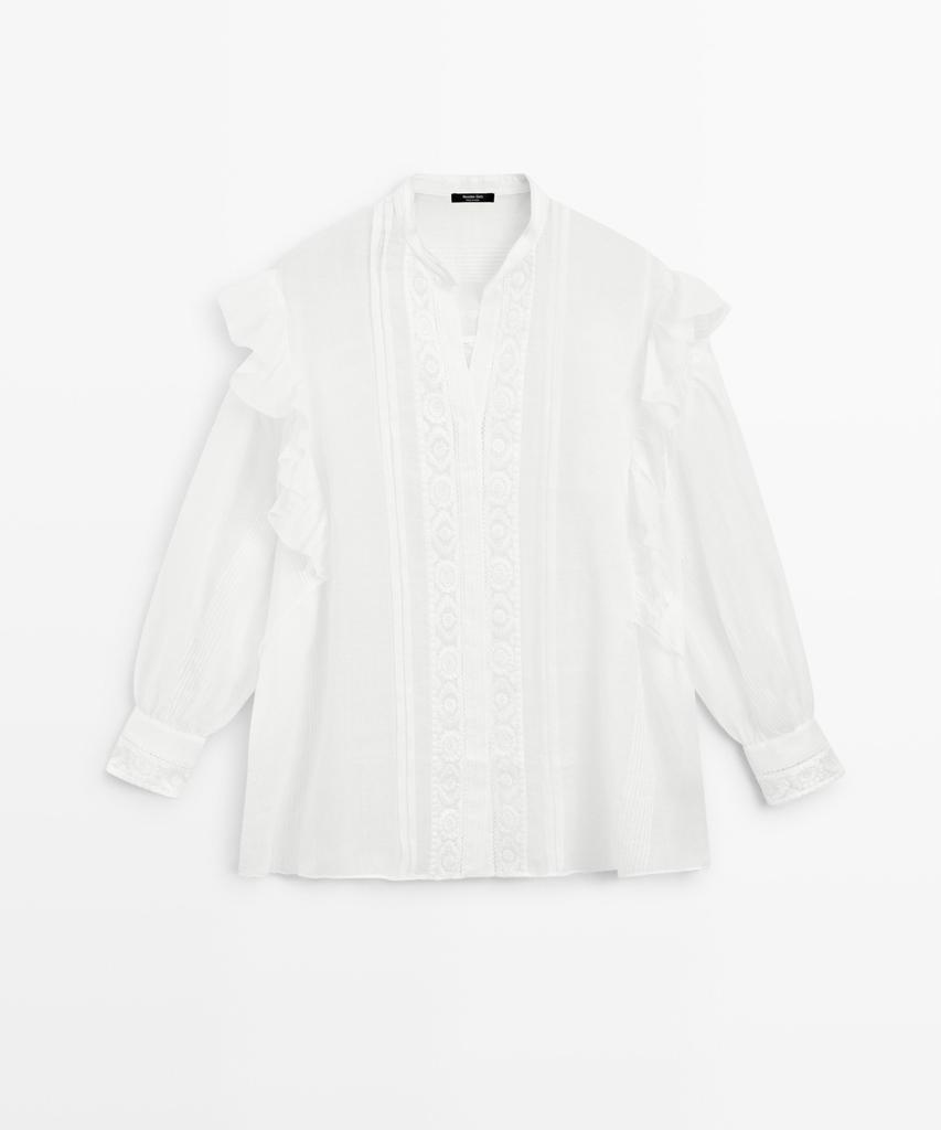 Masimodutti Blouse With Stand Collar Embroidery And Ruffle Details